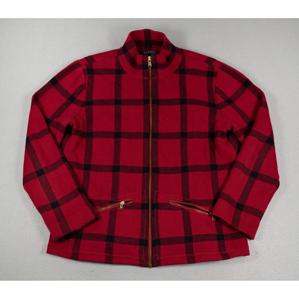 Lauren Ralph Lauren Womens Cardigan Zip Front Buffalo Plaid Red Black L Cotton